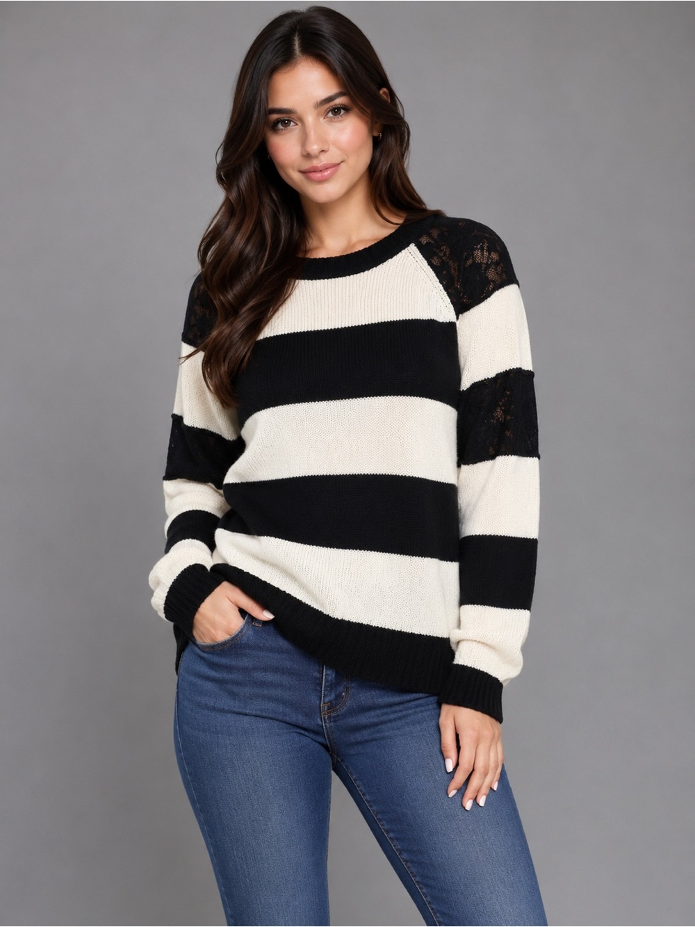 RXB Black & Cream Striped Lace-Shoulder Sweater